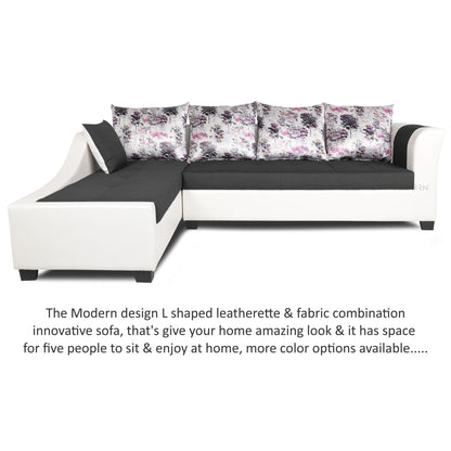 Adorn India Aliana L Shape Leatherette Fabric 6 Seater Sofa Set LHS (Dark Grey & White) (3 Year Warranty)
