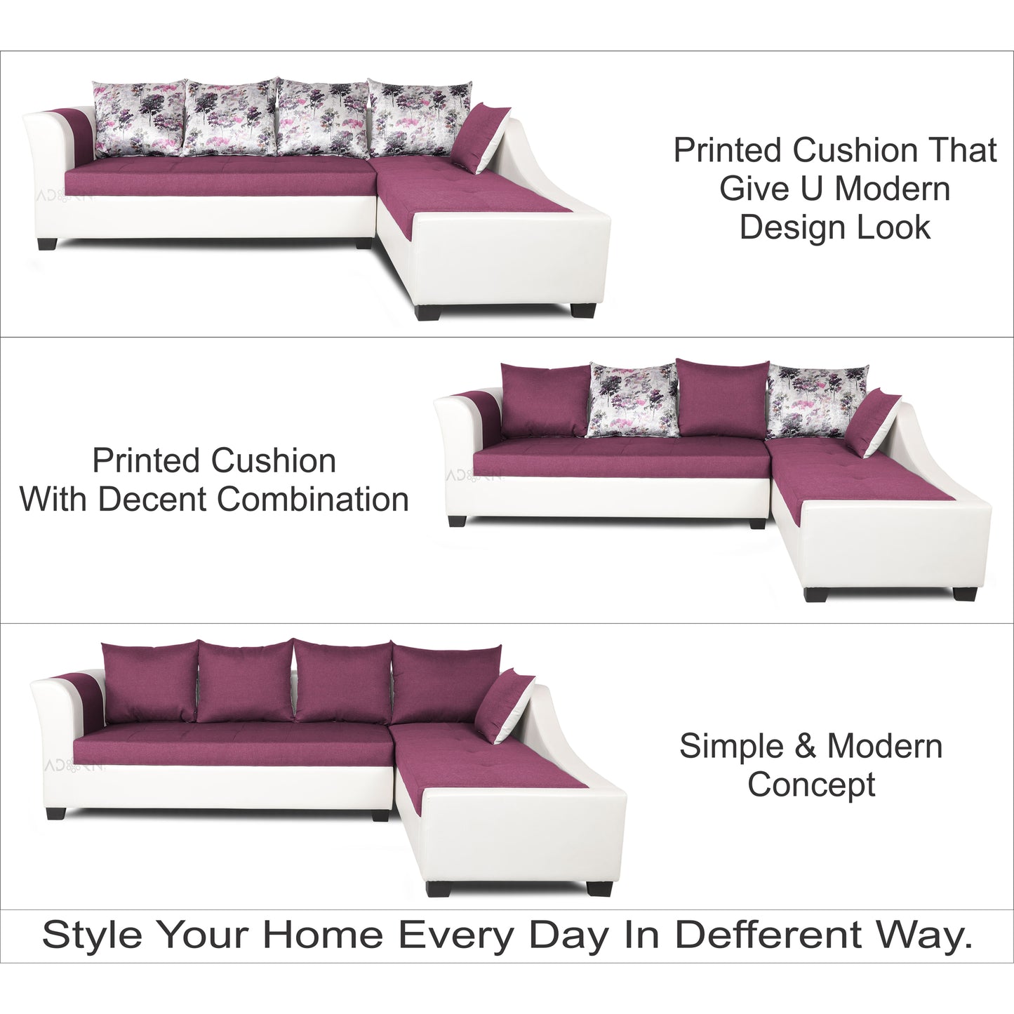 Adorn India Aliana L Shape Leatherette Fabric 6 Seater Sofa Set RHS (Light Purple & White) (3 Year Warranty)