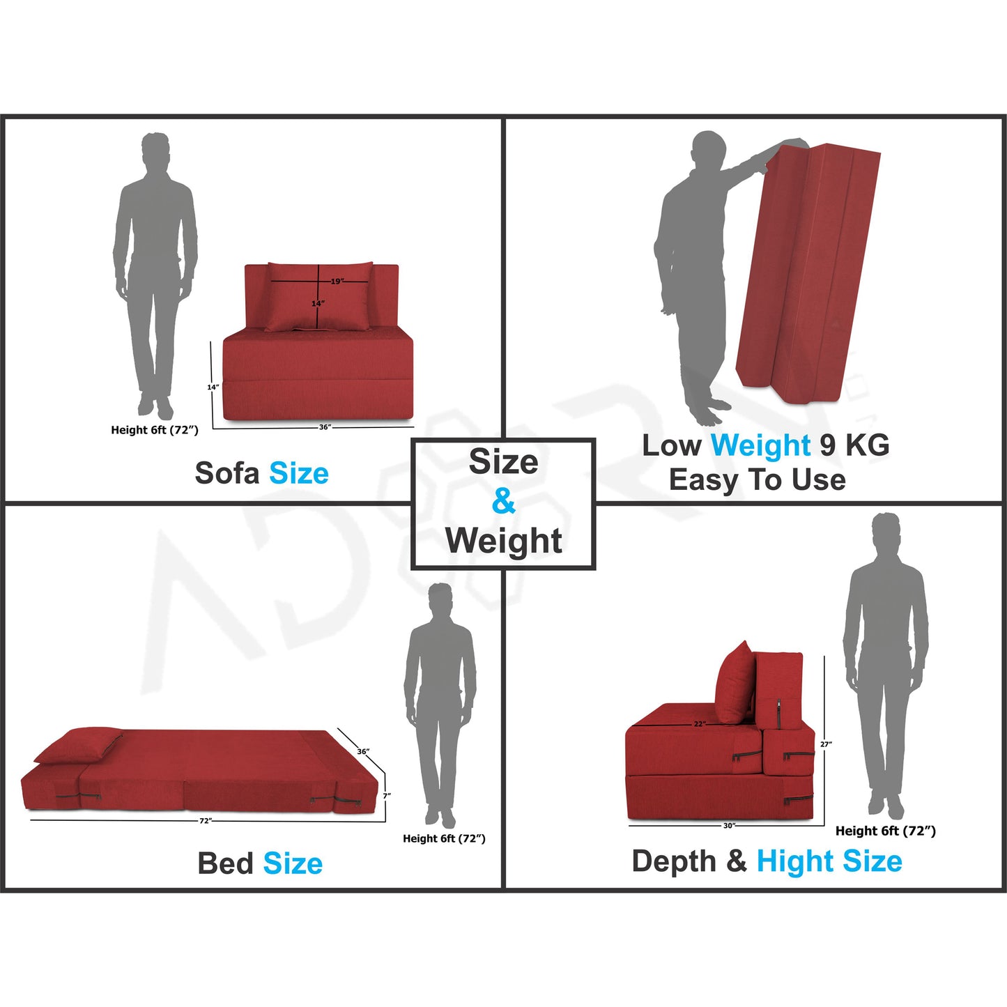 Adorn India Easy 2 Seater Sofa Cum Bed Alyn 3'x 6' ((Maroon) (1 Year Warranty)