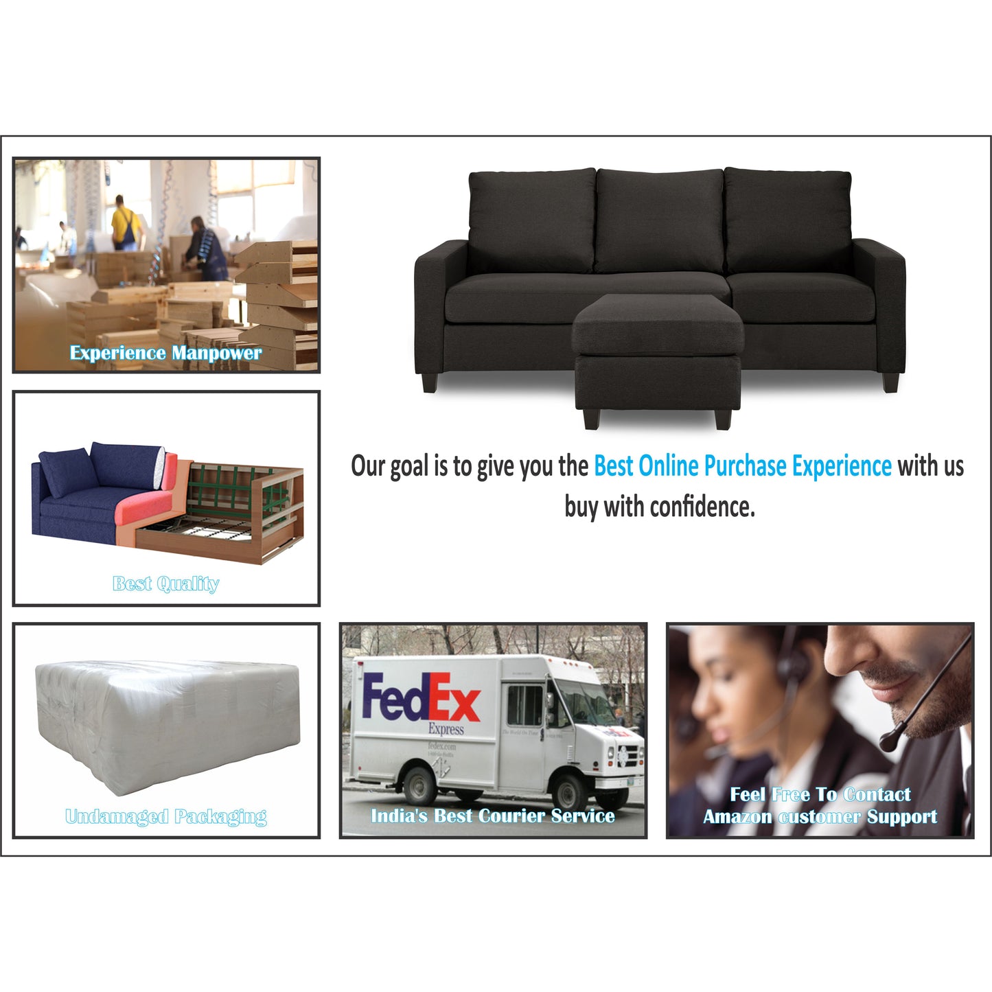 Adorn India Daffodil Three Seater Modular Sofa (Grey), Wood, Foam