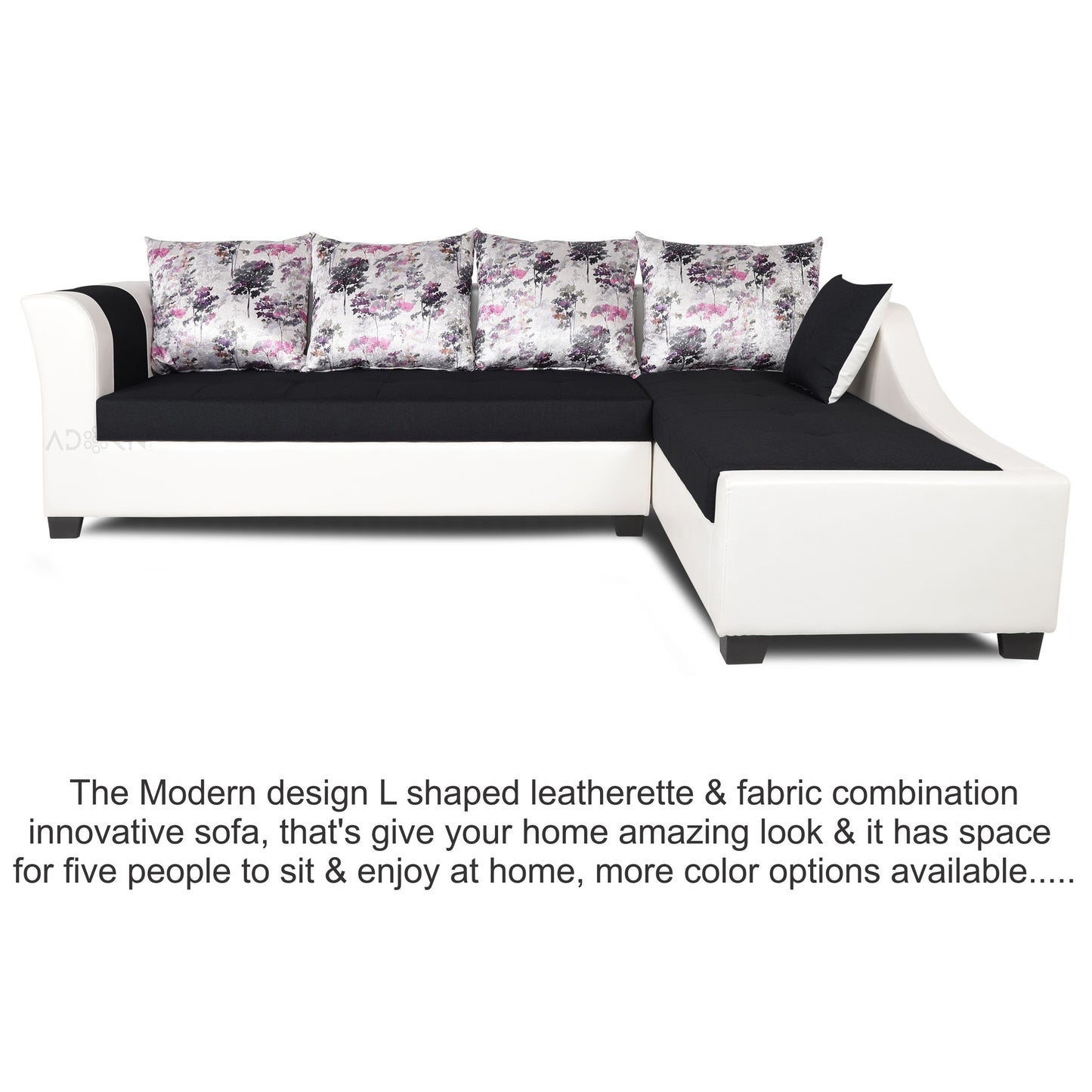 Adorn India Aliana L Shape Leatherette Fabric 6 Seater Sofa Set RHS (Black & White) (3 Year Warranty)