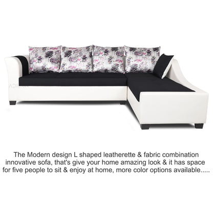 Adorn India Aliana L Shape Leatherette Fabric 6 Seater Sofa Set RHS (Black & White) (3 Year Warranty)