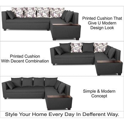 Adorn India Mclain L Shape 6 Seater Sofa (Dark Grey)