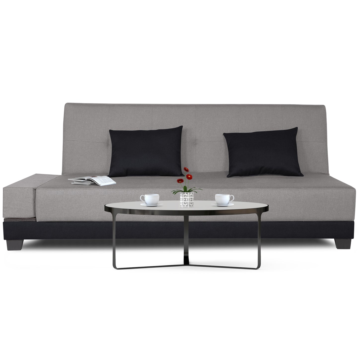 Adorn India Exclusive Two Tone Blake Three Seater Sofa Cum Bed (Light Grey & Black), Wood, Foam