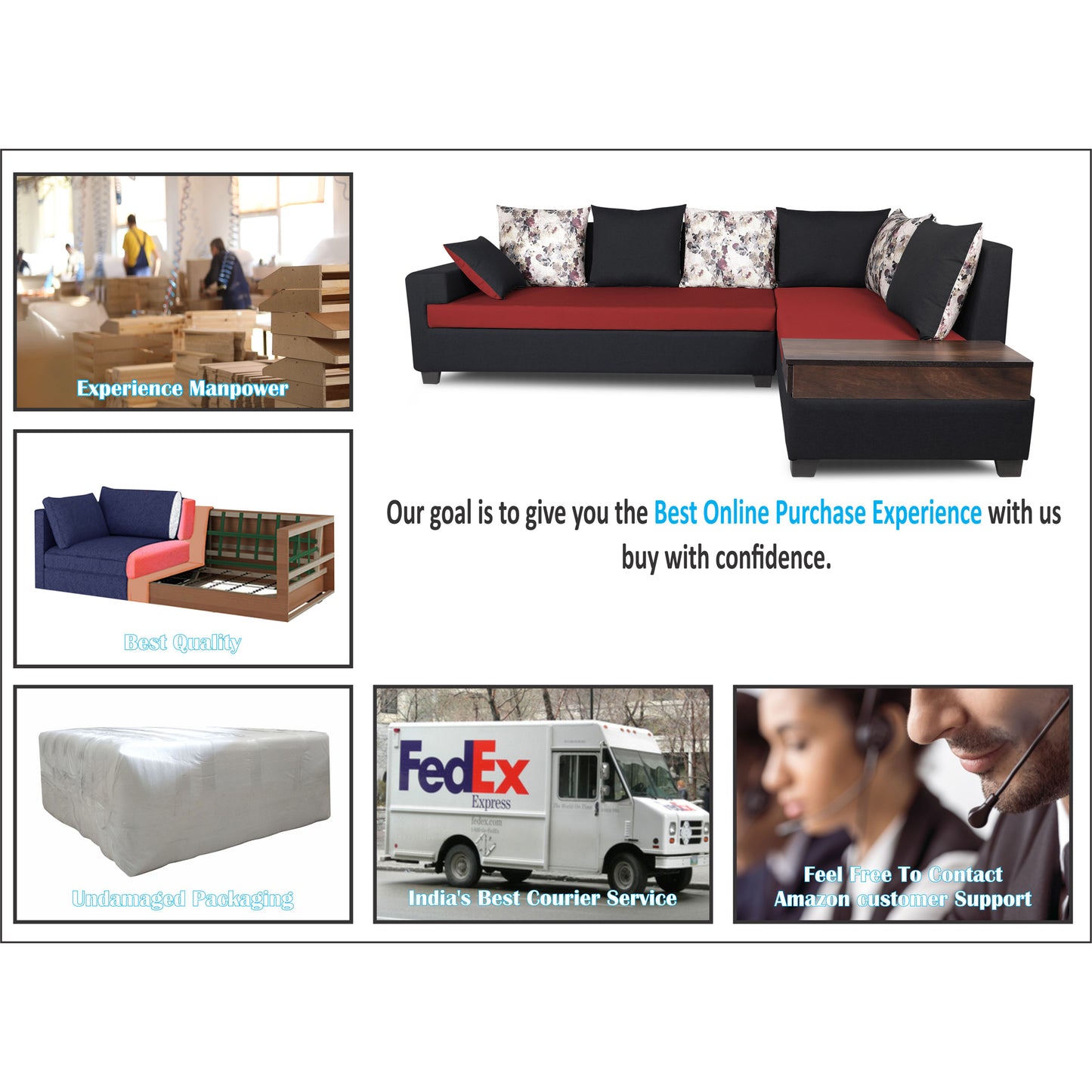 Adorn India Orlando Fabric L Shape Sofa (Black) ack and Maroon