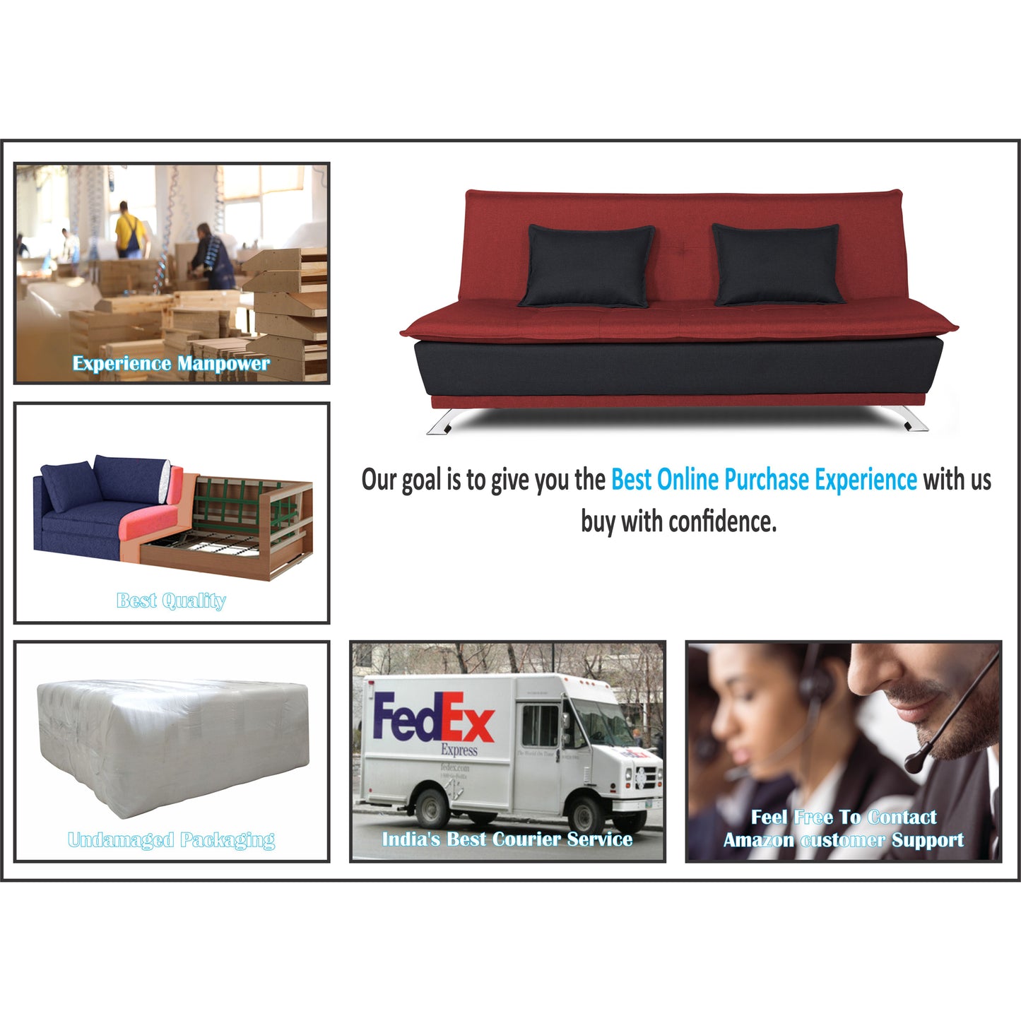 Adorn India Exclusive Two Tone Arden 4 Seater Sofa Cum Bed 4 x 6 (Maroon & Black) (3 Year Warranty)