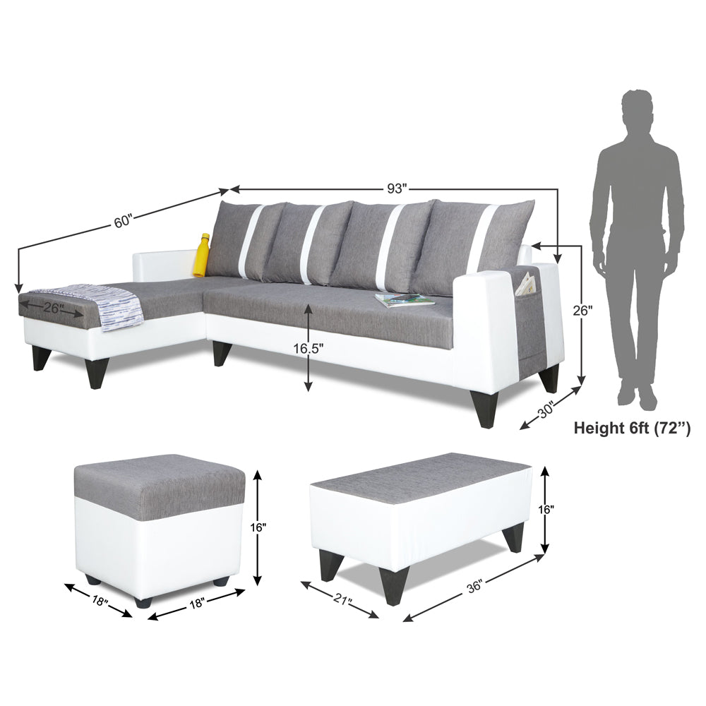 Adorn India Ashley Stripes Leatherette Fabric L Shape 8 Seater Sofa Set with 2 Ottoman Puffy & Center Table LHS (Grey & White) (3 Year Warranty)