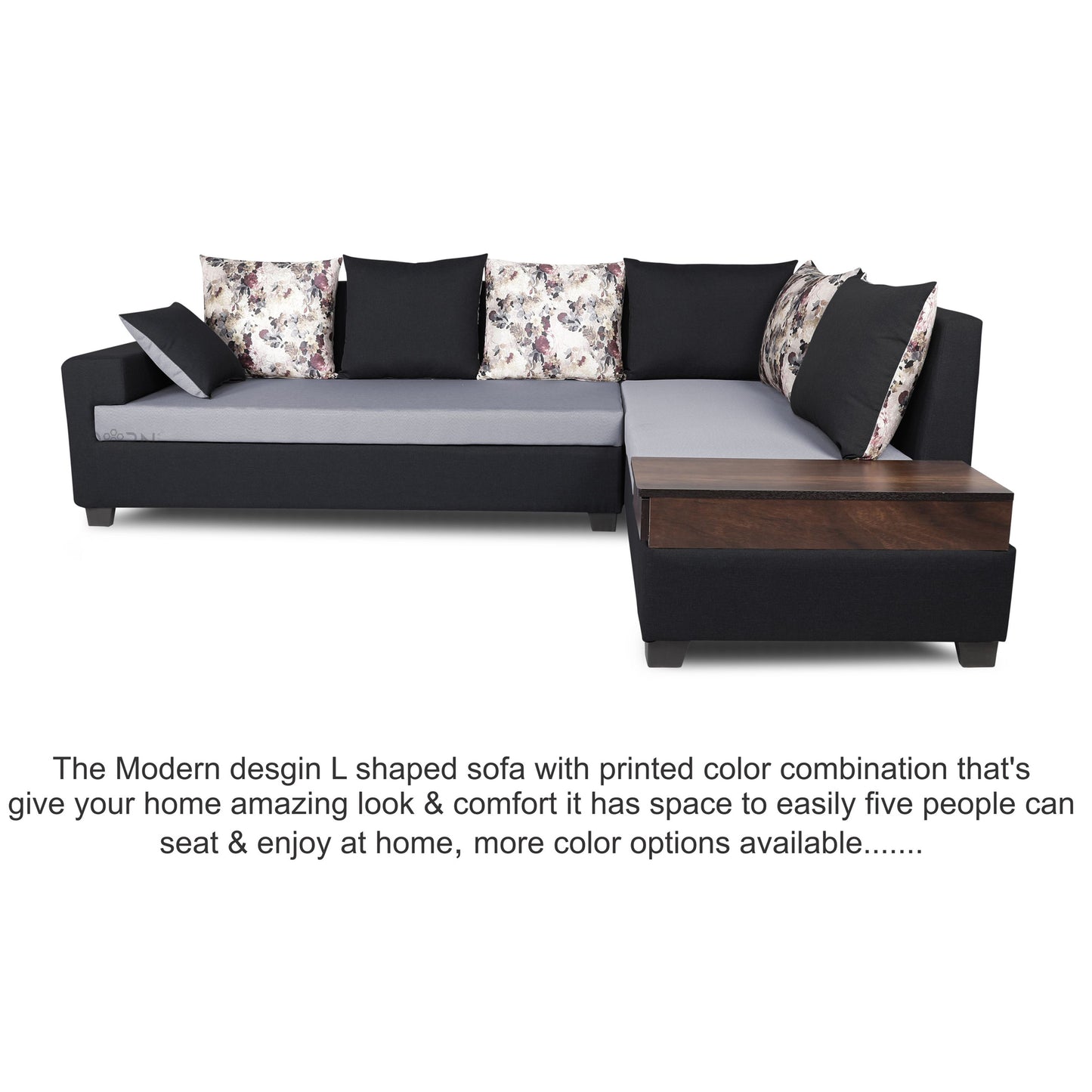 Adorn India Orlando Fabric L Shape Sofa (Black) ack and Light Grey