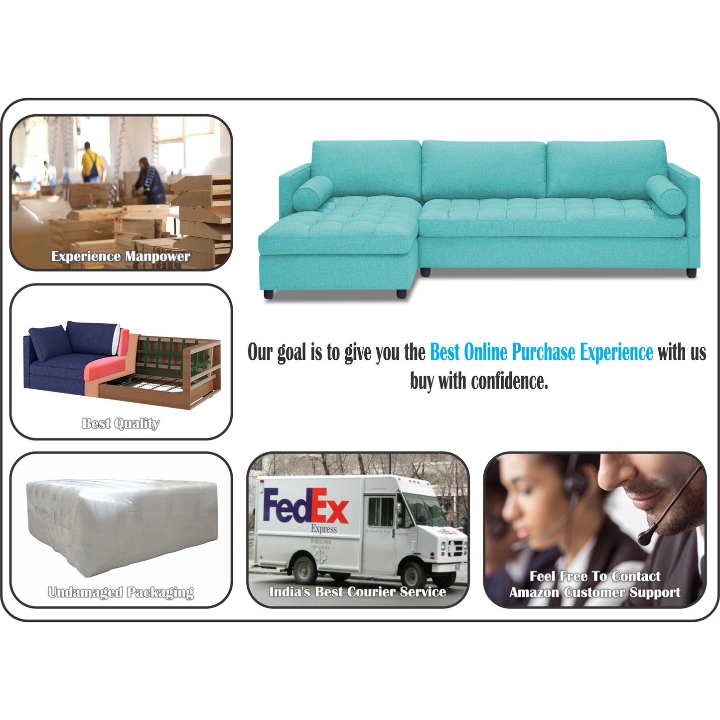 Adorn India Alexander L Shape 7 Seater Sofa Set with Ottoman Puffy LHS(Aqua Blue) (3 Year Warranty)