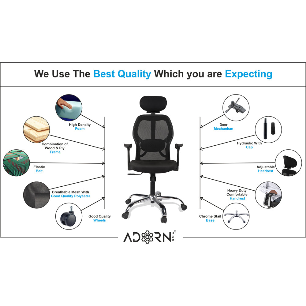 Adorn India Marvel Adjustable High Back Breathable Mesh, Rubberwood Office Executive Ergonomic Chair (Black)