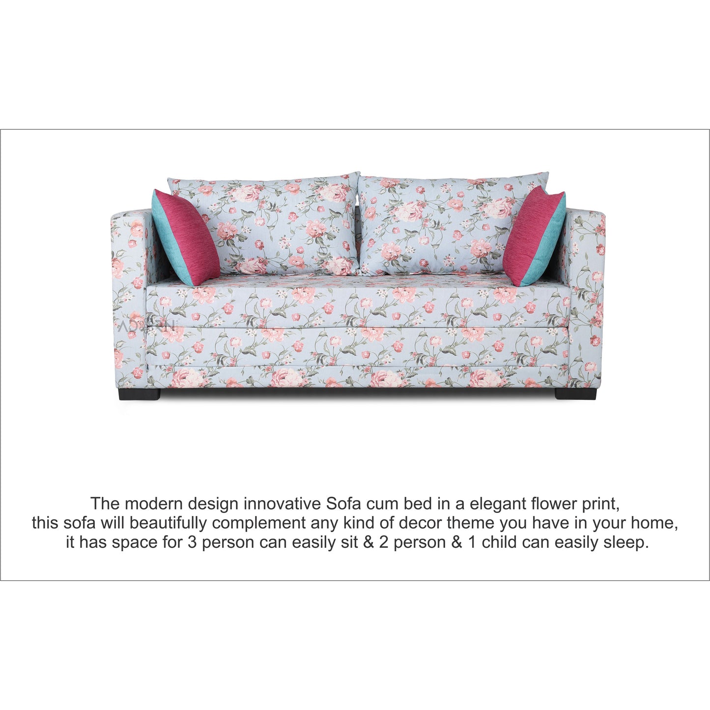 Adorn India Straight line 3 Seater Sofa Cum Bed Floral Digital Print (Blue)