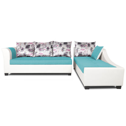 Adorn India Aliana L Shape Leatherette Fabric 6 Seater Sofa Set RHS (Aqua Blue & White) (3 Year Warranty)