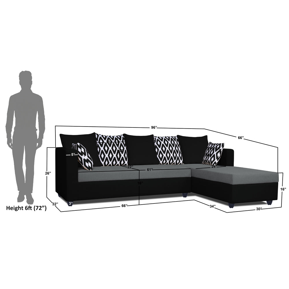 Adorn India Zink Straight line L Shape 6 Seater Sofa Rhombus Cushion(Grey & Black)
