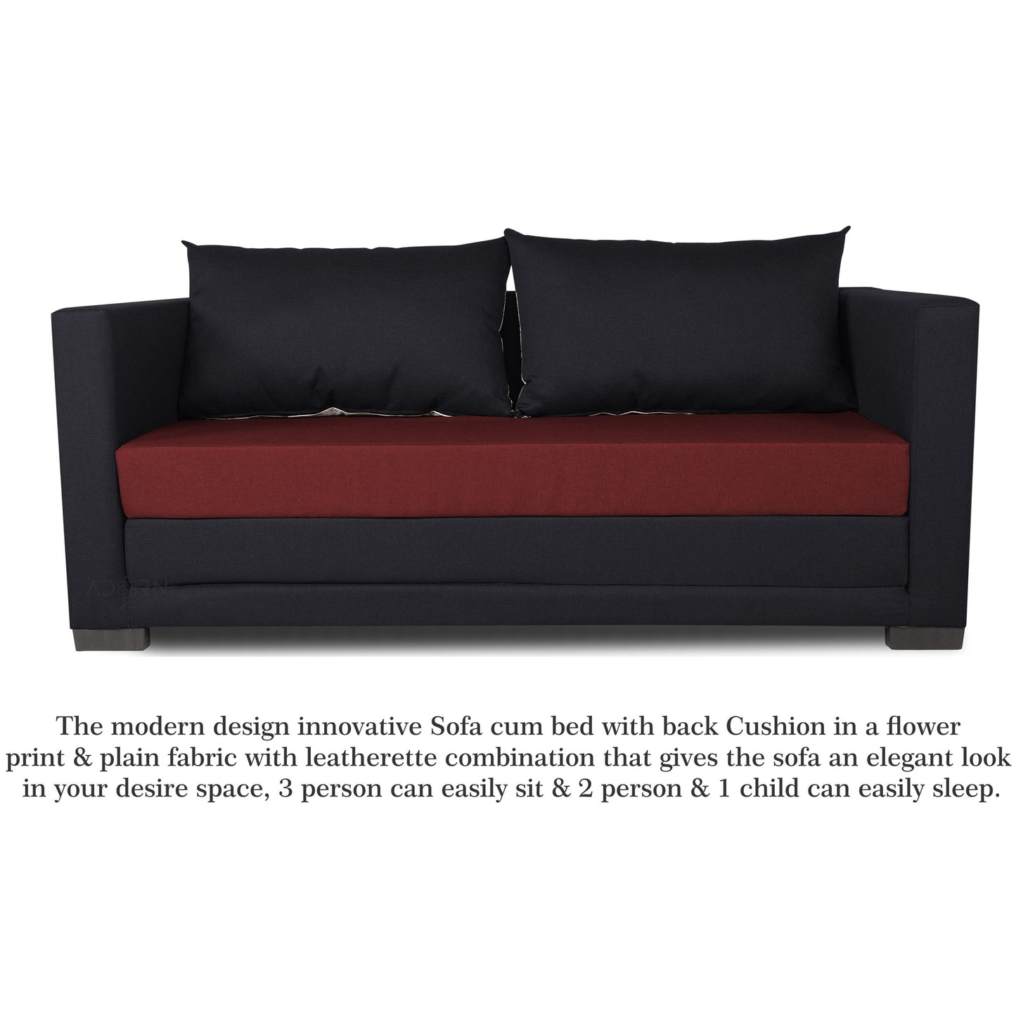 Adorn India Exclusive Two Tone Straight Line Three Seater Sofa Cum Bed (Maroon & Black), Wood, Foam