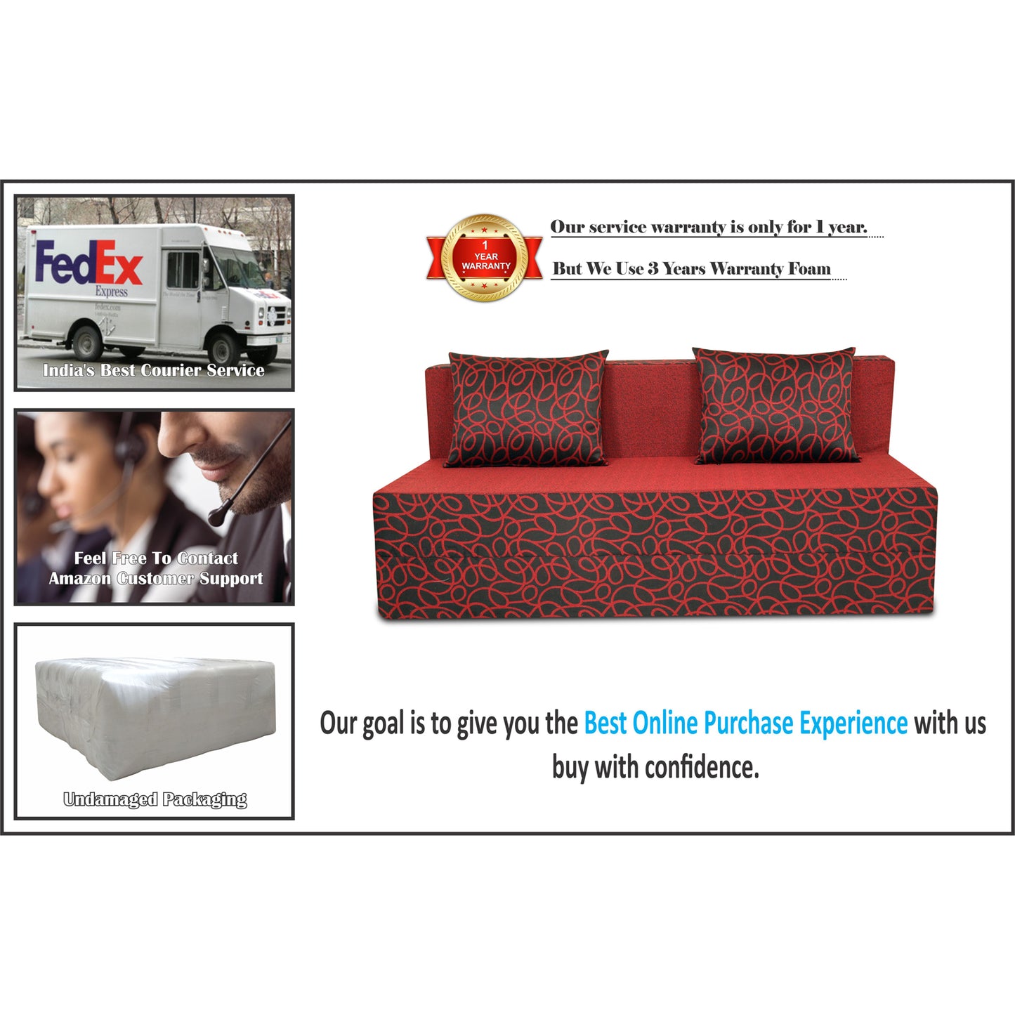 Adorn India Easy Three Seater Sofa Cum Bed Poly Cotton (Maroon & Black) 5'X6' (5 x 6)