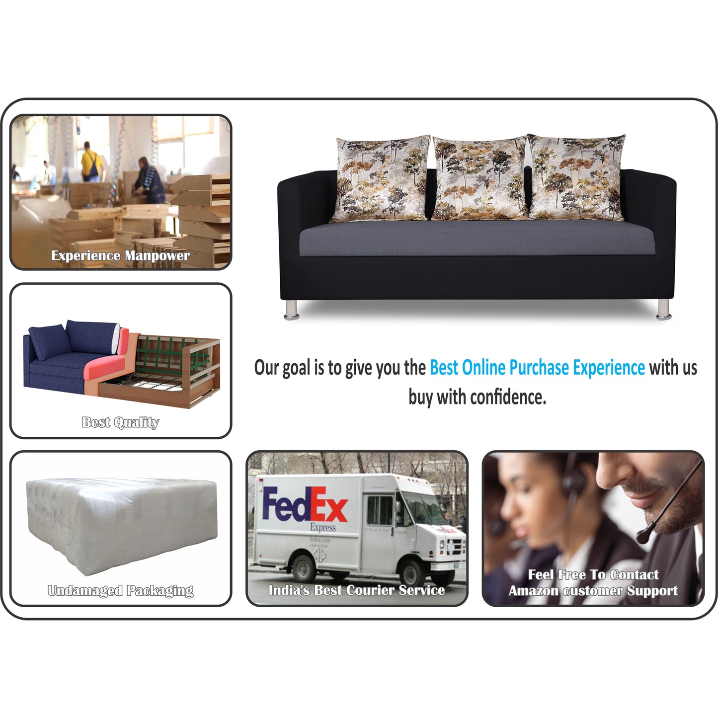 Adorn India Exclusive Two Tone Alita Compact 3-1-1 Sofa Set (Dark Grey & Black), Wood, Foam