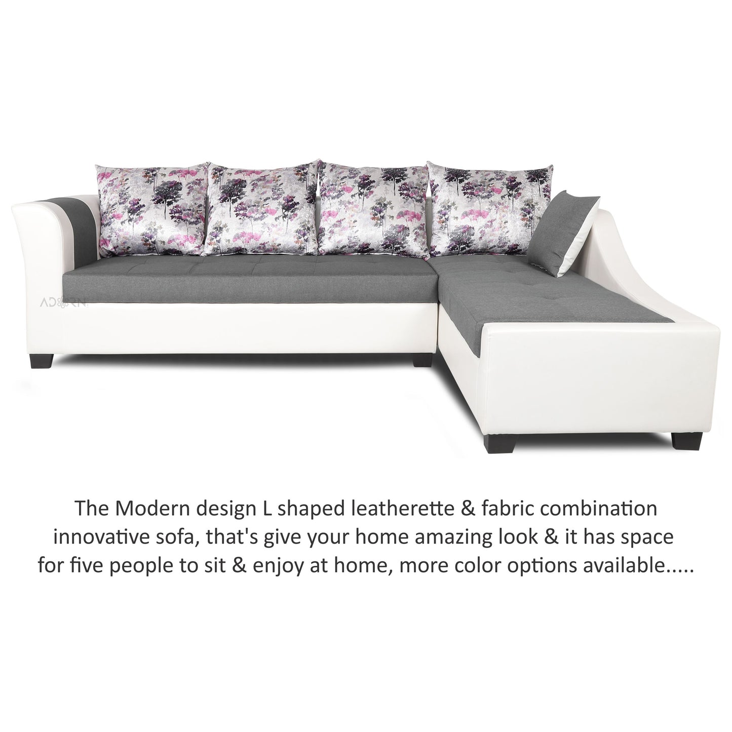 Adorn India Aliana L Shape Leatherette Fabric Sectional 6 Seater Sofa Set RHS (Light Grey and White) (3 Year Warranty)