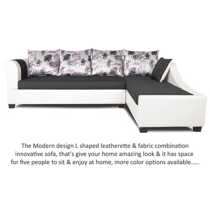 Adorn India Aliana L Shape Leatherette Fabric 6 Seater Sofa Set RHS (Dark Grey & White) (3 Year Warranty)