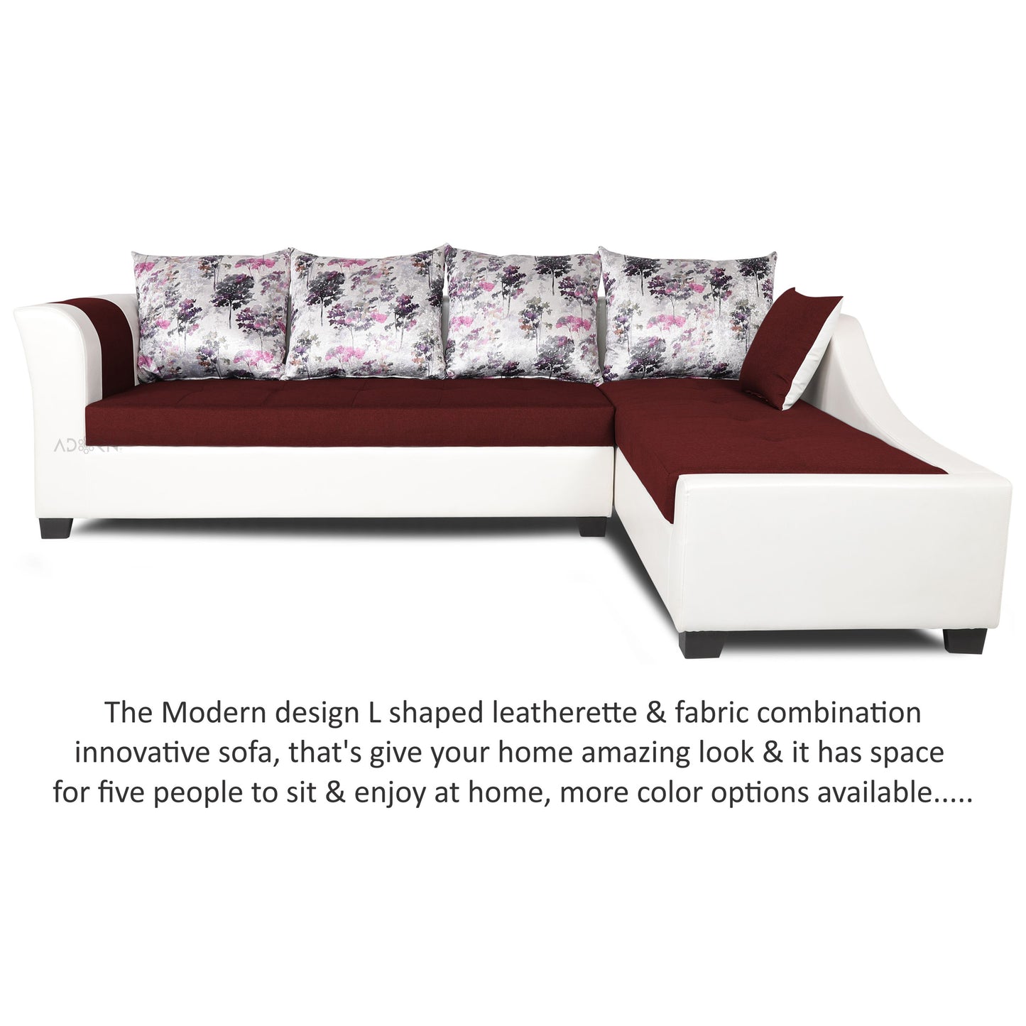 Adorn India Aliana L Shape Leatherette Fabric 6 Seater Sofa Set RHS (Maroon & White) (3 Year Warranty)