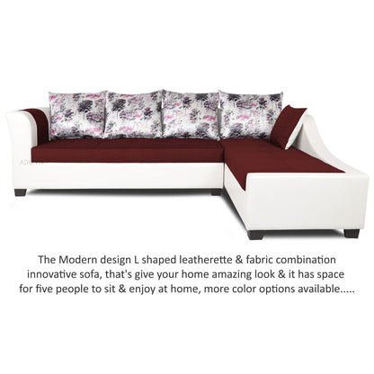 Adorn India Aliana L Shape Leatherette Fabric 6 Seater Sofa Set RHS (Maroon & White) (3 Year Warranty)