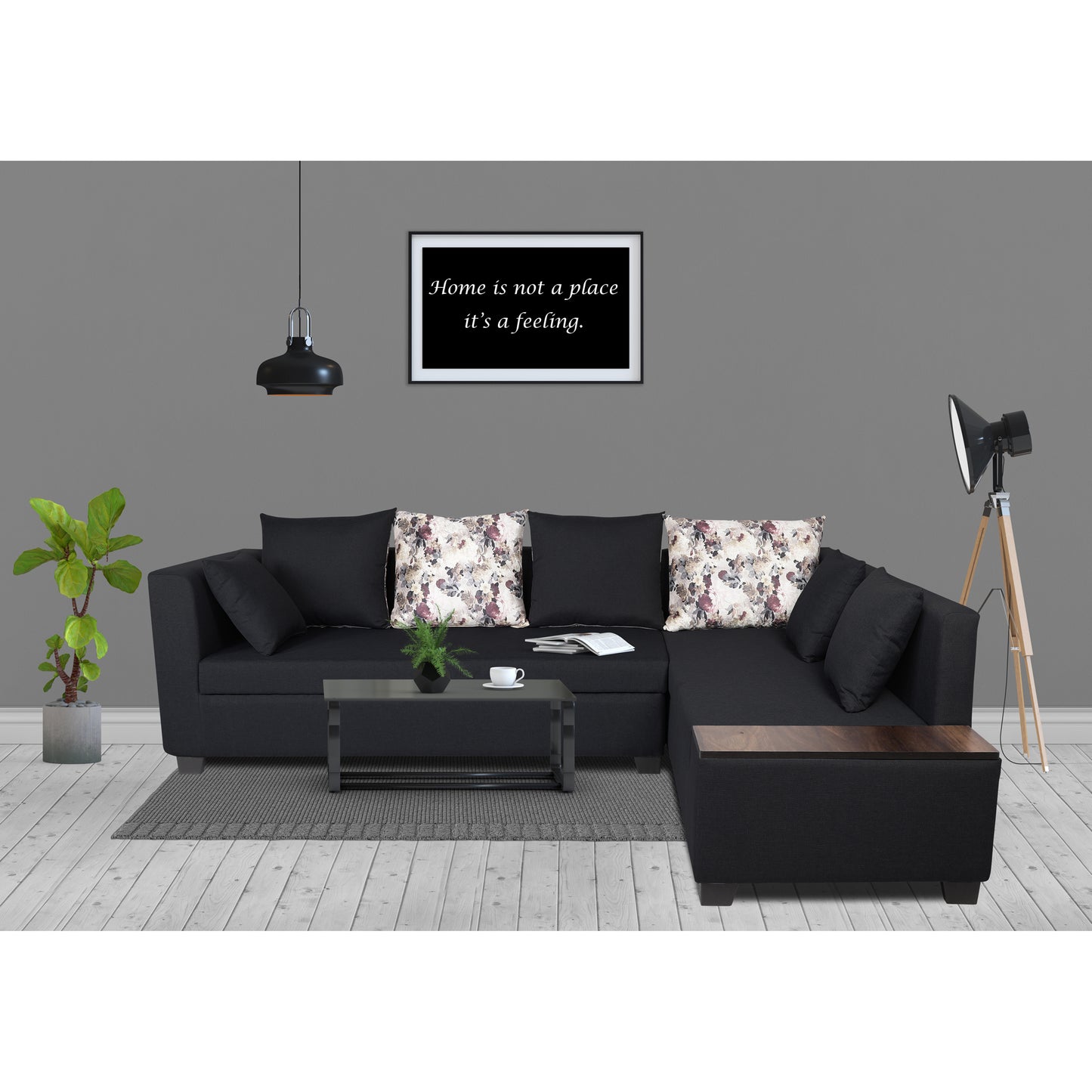 Adorn India Mclain L Shape 6 Seater Sofa (Black)