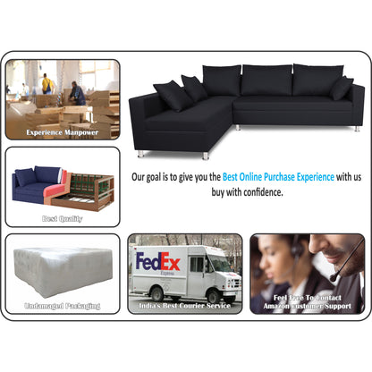 Adorn India Straight Line L Shape 5 Seater Sofa Set (Left Side Handle) (Black)