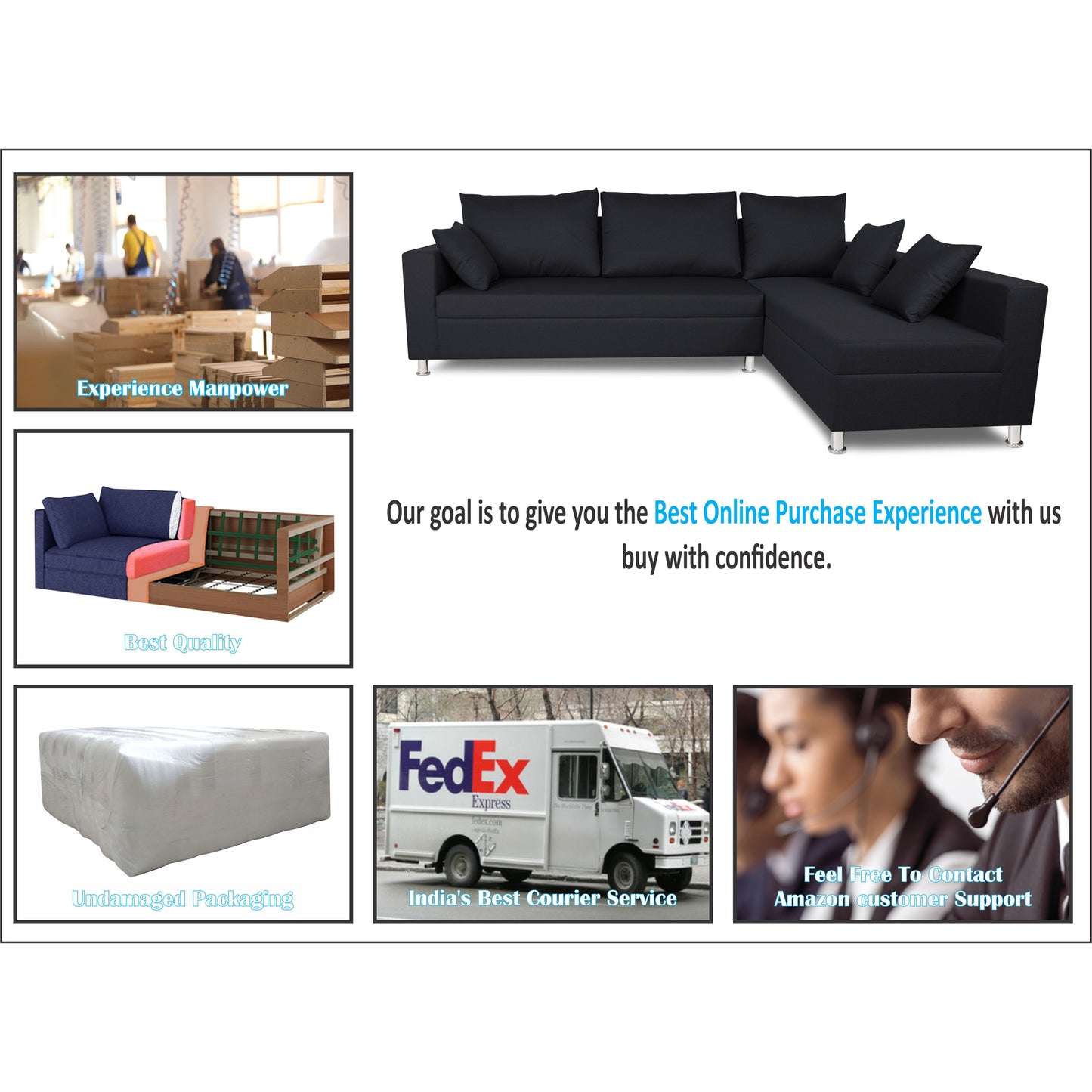 Adorn India Straight line L Shape Sofa (Black)