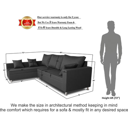 Adorn India Straight Line L Shape 5 Seater Sofa Set Left Side Handle (Dark Grey)