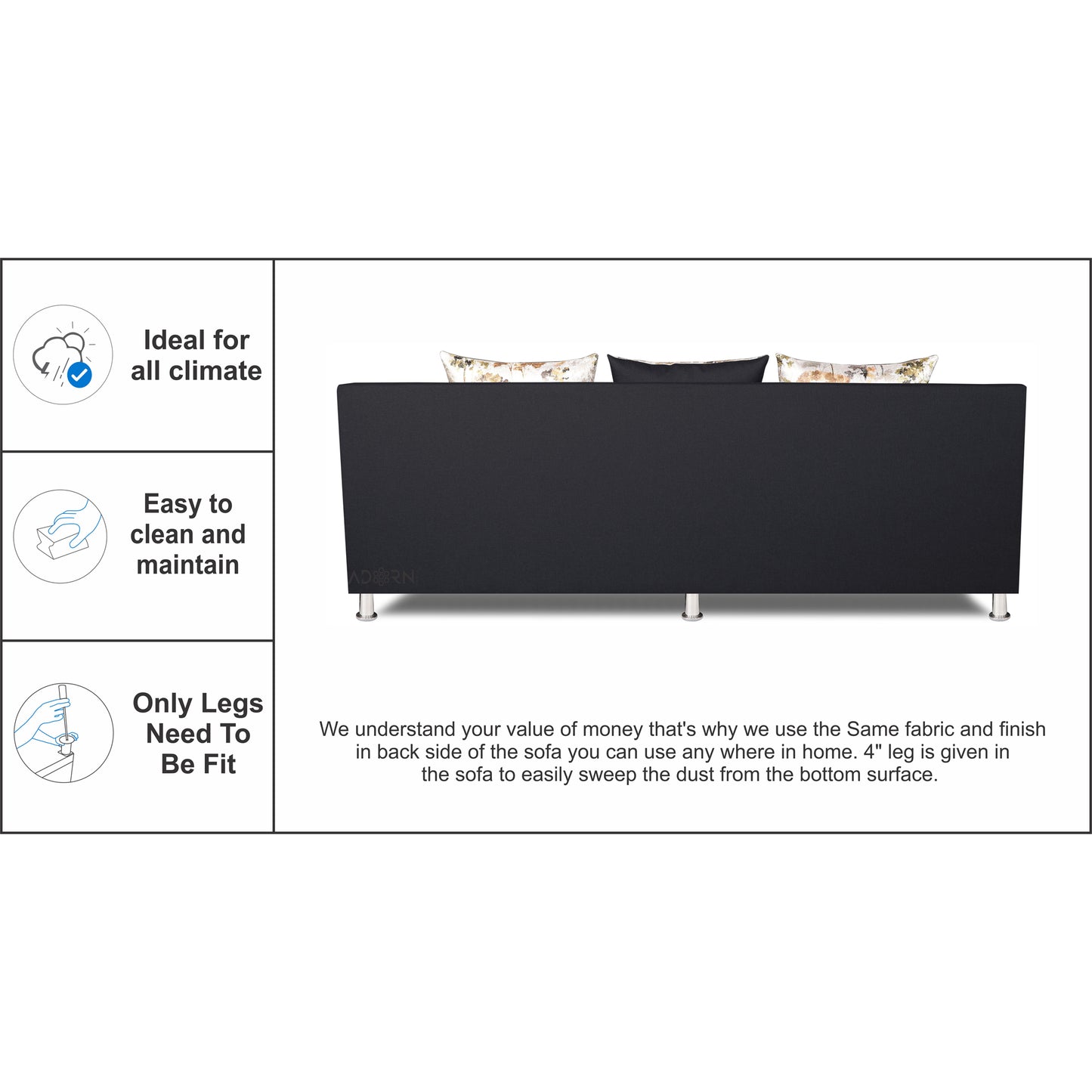 Adorn India Alica 3 Seater Sofa (Black), Wood, Foam