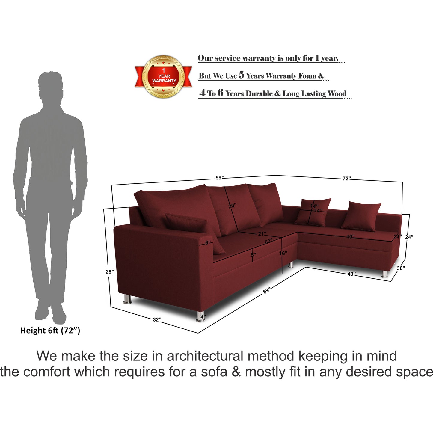 Adorn India Straight line 6 seater L Shape Sofa set (Maroon)