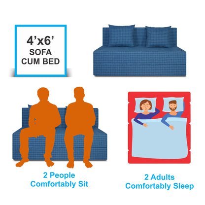 Adorn India Easy Two Seater Sofa Cum Bed Checks Design 4' x 6' (Blue)