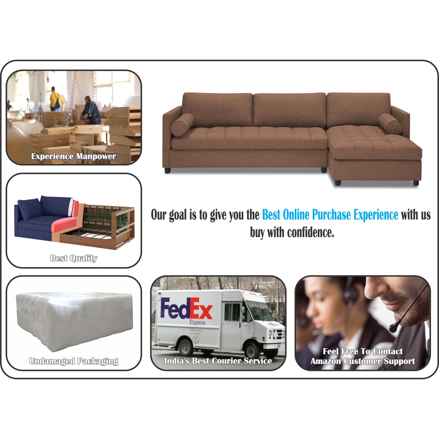 Adorn India Alexander L Shape 7 Seater Sofa Set with Ottoman Puffy RHS (Camel) (3 Year Warranty)