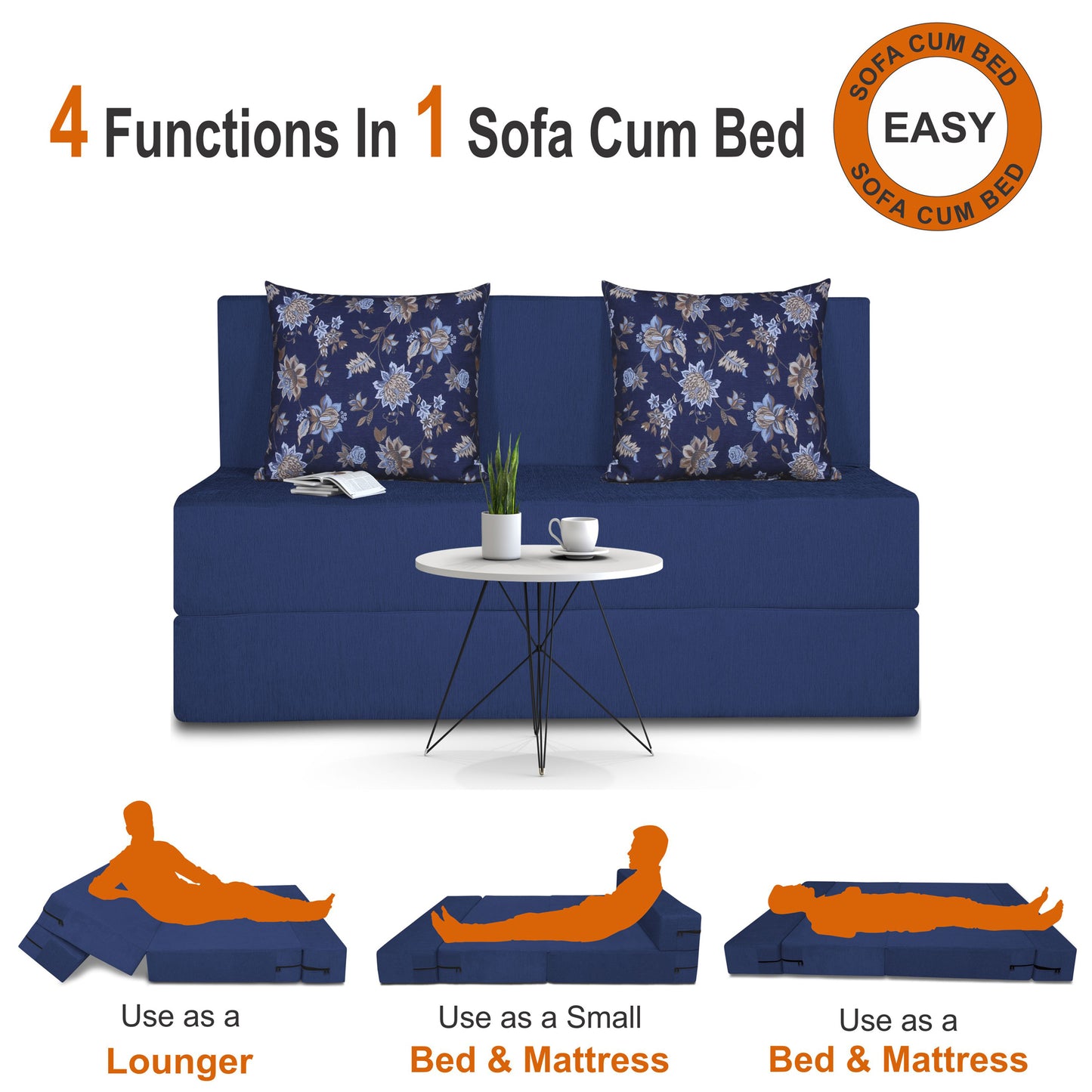 Adorn India Easy Two Seater Sofa Cum Bed Floral '4 x 6' (Blue), Foam