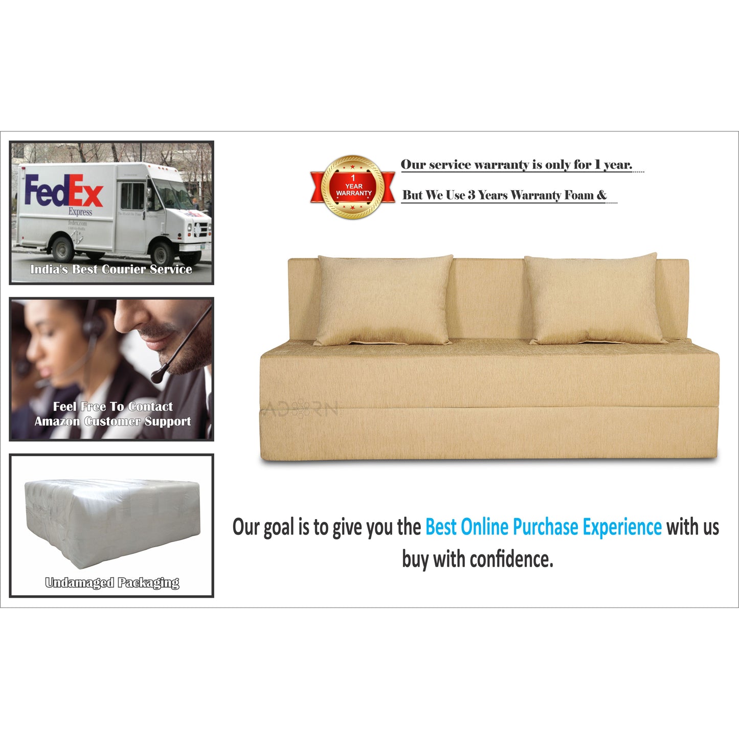 Adorn India Easy 3 Seater Sofa Cum Bed Alyn 5'x 6' (Beige) (1 Year Warranty)
