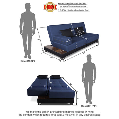 Adorn India Exclusive Two Tone Blake Three Seater Sofa Cum Bed (Blue & Black), Wood, Foam