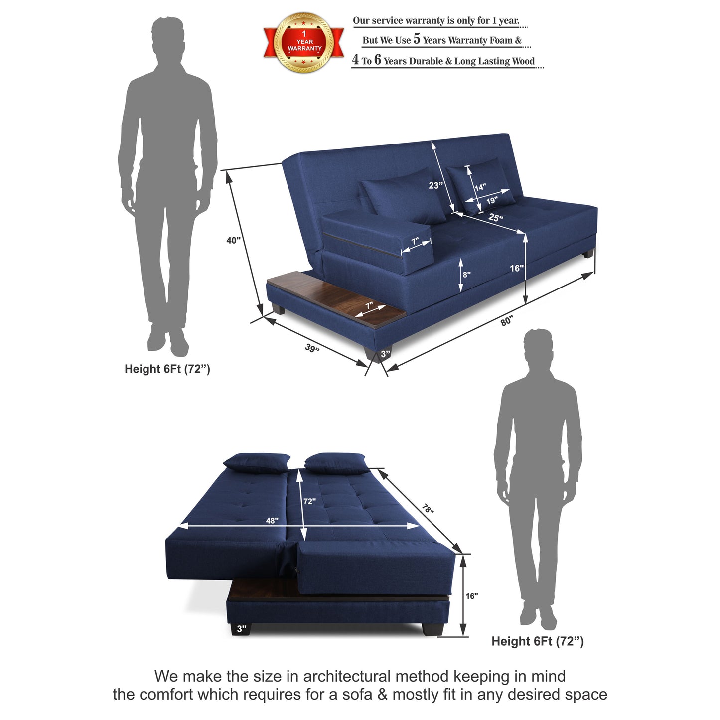 Adorn India Blake 3 Seater Sofa Cum Bed (Blue)