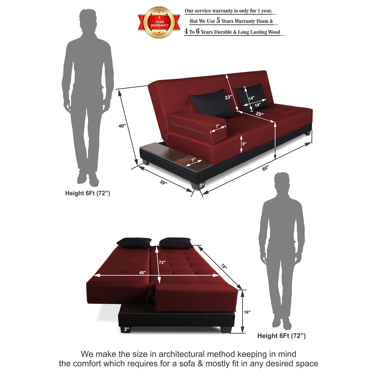 Adorn India Exclusive Two Tone Blake Three Seater Sofa Cum Bed (Maroon & Black), Wood, Foam