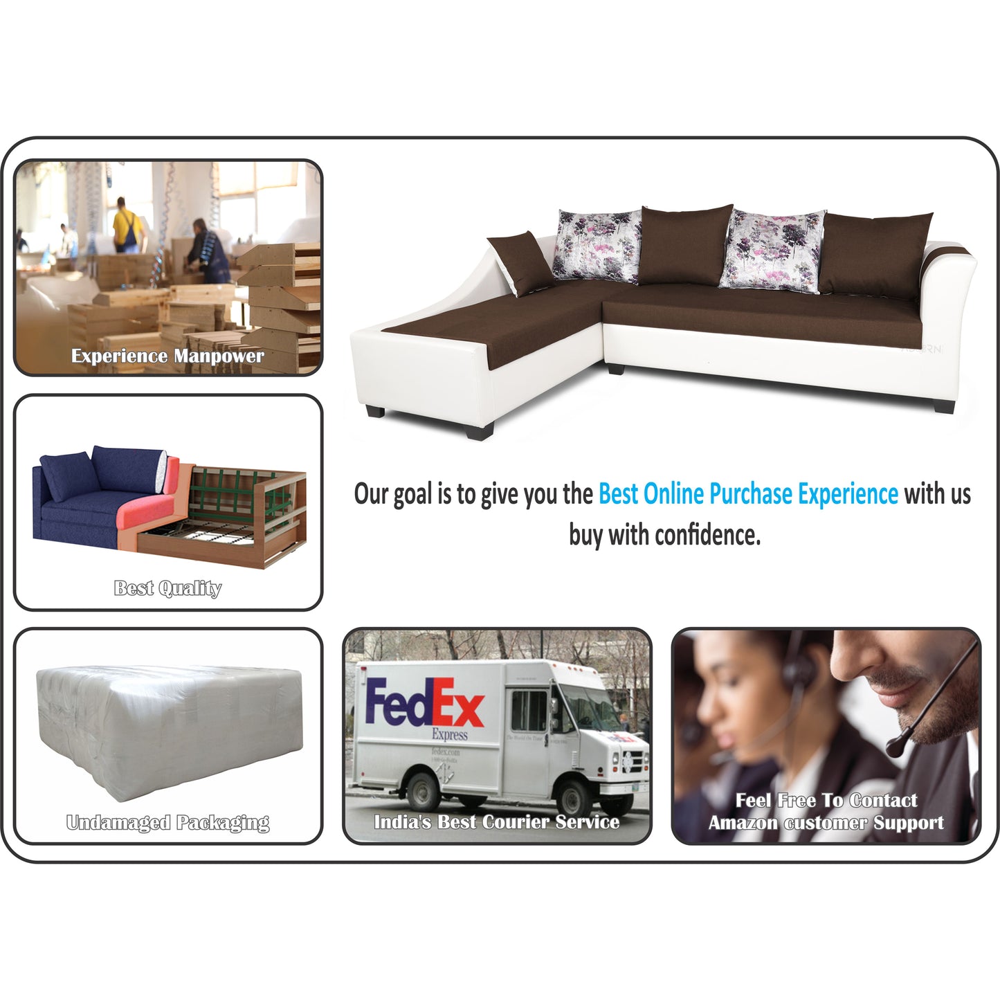 Adorn India Aliana L Shape Leatherette Fabric 6 Seater Sofa Set LHS (Brown & White) (3 Year Warranty)