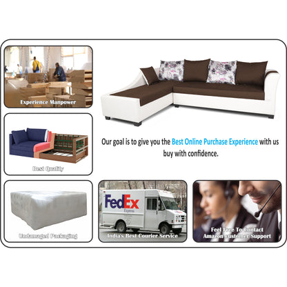 Adorn India Aliana L Shape Leatherette Fabric 6 Seater Sofa Set LHS (Brown & White) (3 Year Warranty)