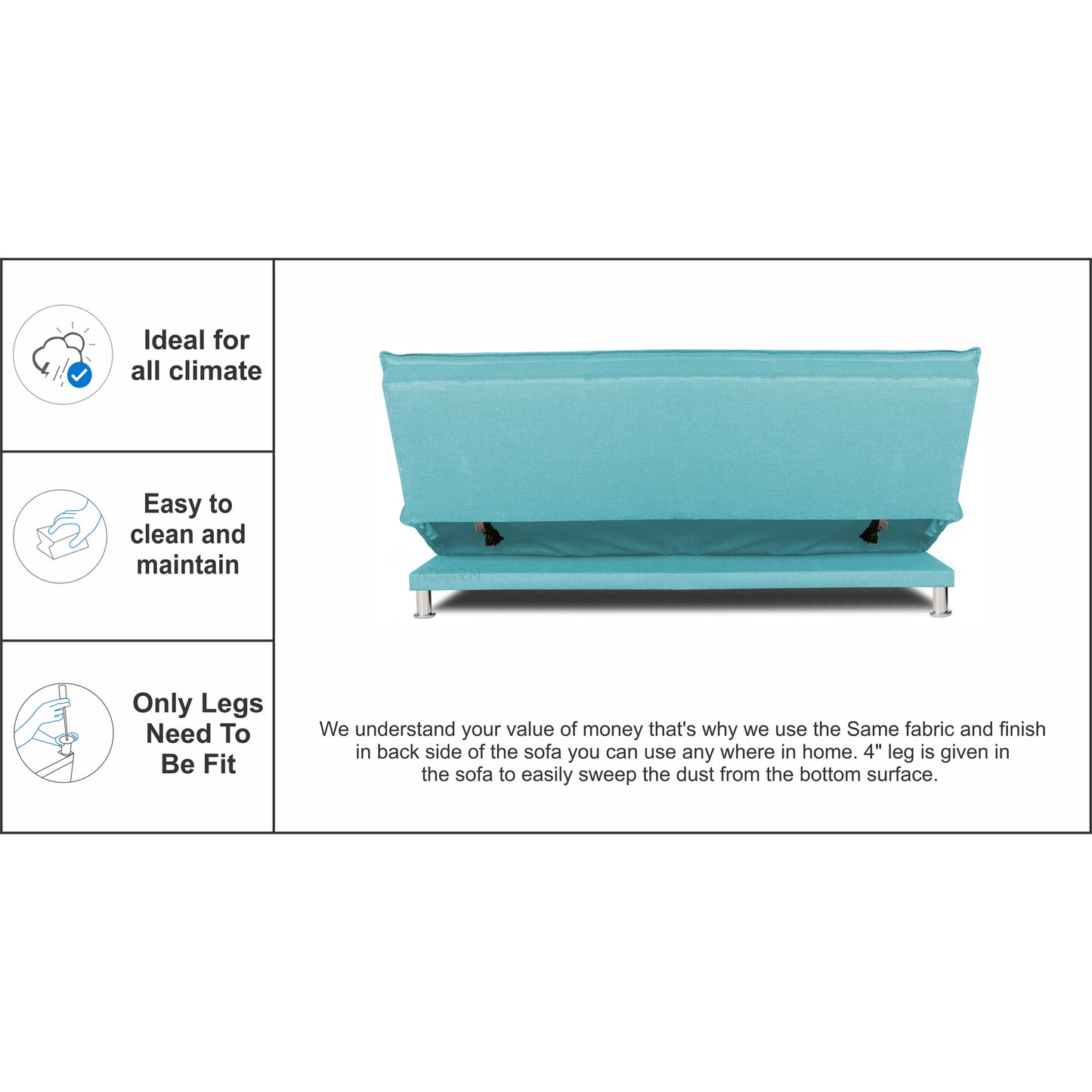 Adorn India Arden 4 Seater Sofa Cum Bed 4 x 6 (Aqua Blue) (3 Year Warranty)
