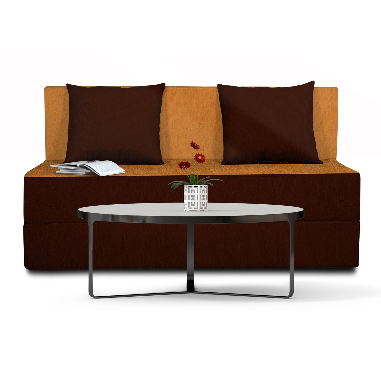 Adorn India Easy 2 Seater Sofa Cum Bed (2 Years Warrenty Quality Foam)-Perfect for Seat & Sleep Washeble Polyster Fabric Cover (Camel & Brown) 4'x6'.Pillows Free (1 Year Warranty)
