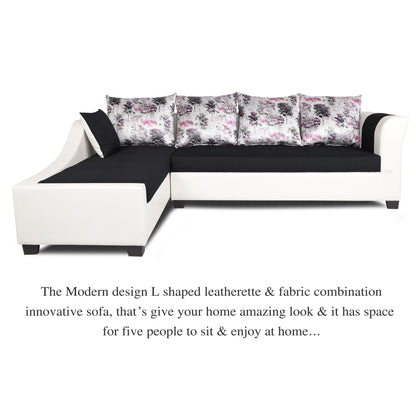 Adorn India Aliana L Shape Leatherette Fabric 6 Seater Sofa Set LHS (Black & White) (3 Year Warranty)
