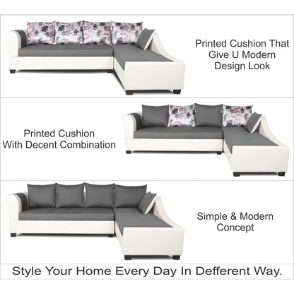 Adorn India Aliana L Shape Leatherette Fabric Sectional 6 Seater Sofa Set RHS (Light Grey and White) (3 Year Warranty)