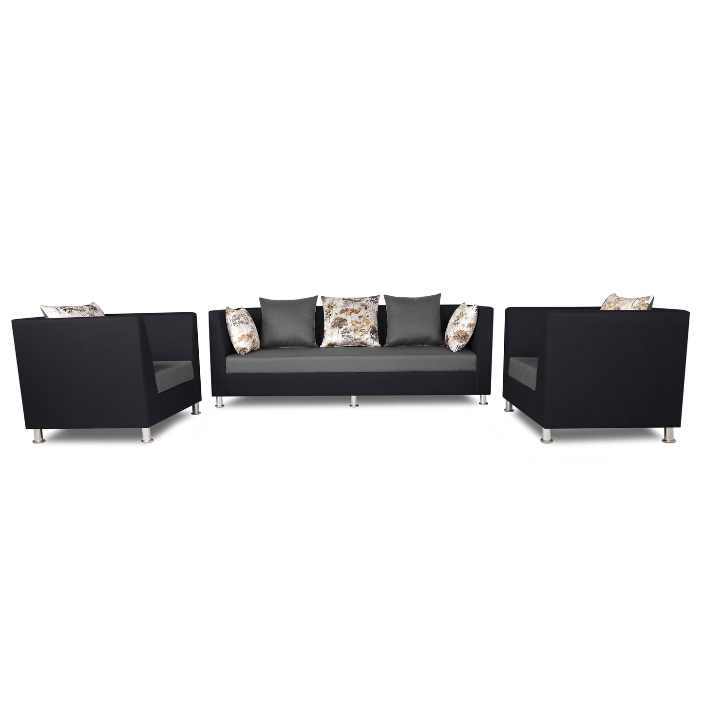 Adorn India Exclusive Two Tone Alica 3-1-1 Five Seater Sofa Set (Wood & Fabric, Light Grey & Black)