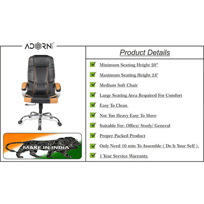 Adorn India Elegante, High-Back Leatherette and Rubberwood Adjustable Executive Office Ergonomic Chair (Black & Tan)