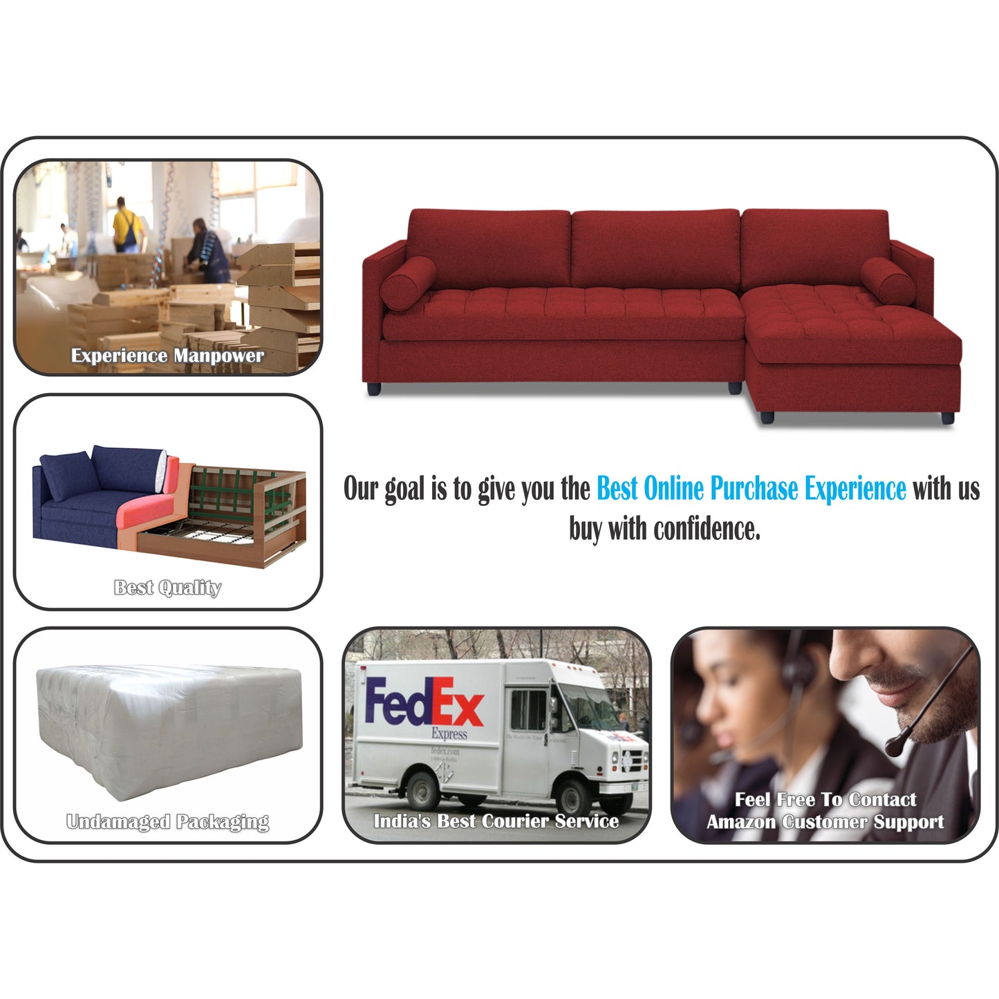Adorn India Alexander L Shape 7 Seater Sofa Set with Ottoman Puffy RHS (Maroon) (3 Year Warranty)