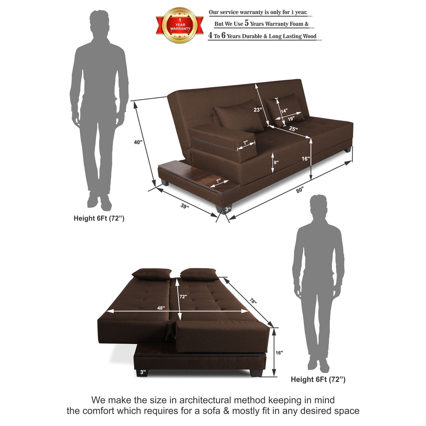 Adorn India Blake 3 Seater Sofa Cum Bed (Brown), Wood, Foam