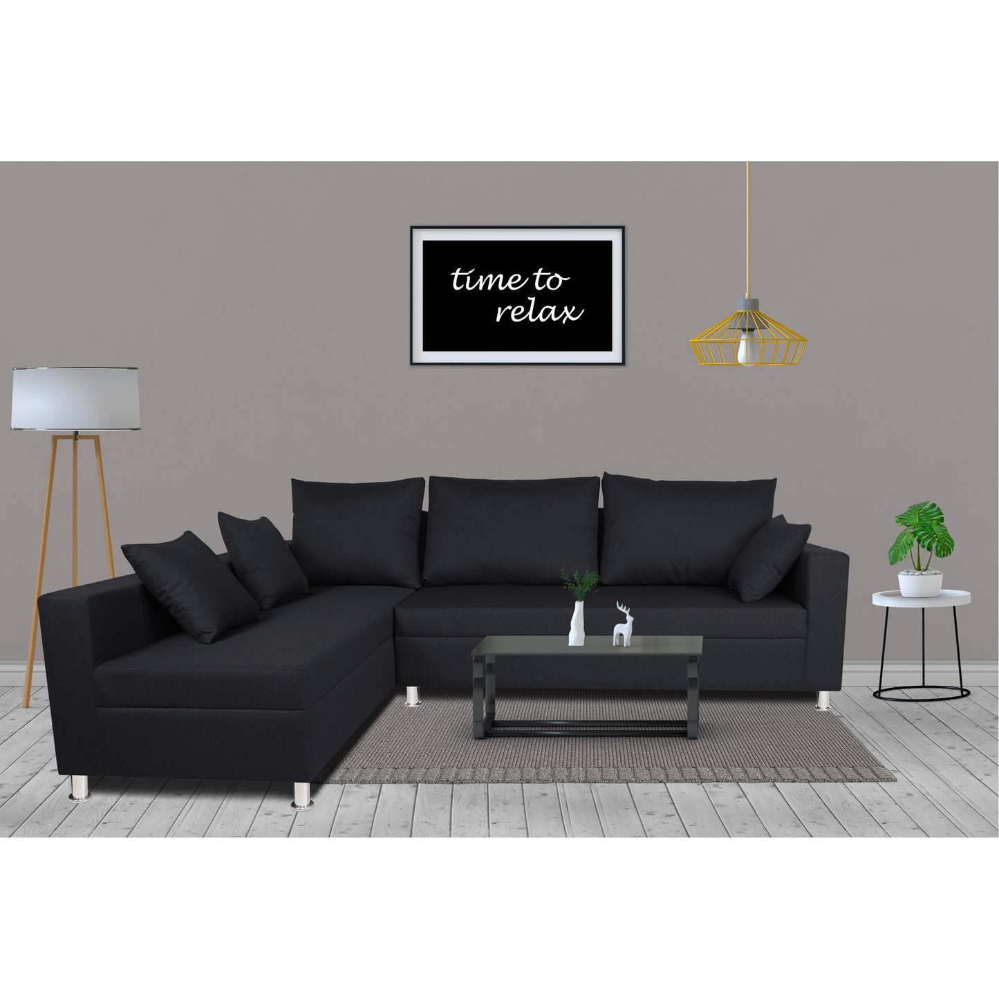 Adorn India Straight Line L Shape 5 Seater Sofa Set (Left Side Handle) (Black)
