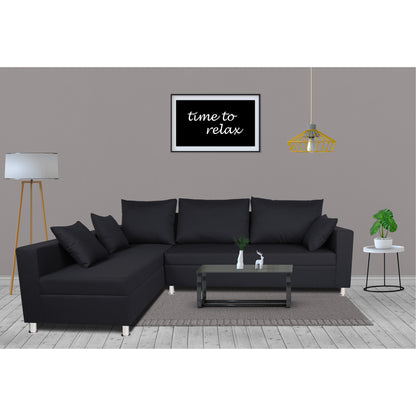 Adorn India Straight Line L Shape 5 Seater Sofa Set (Left Side Handle) (Black)