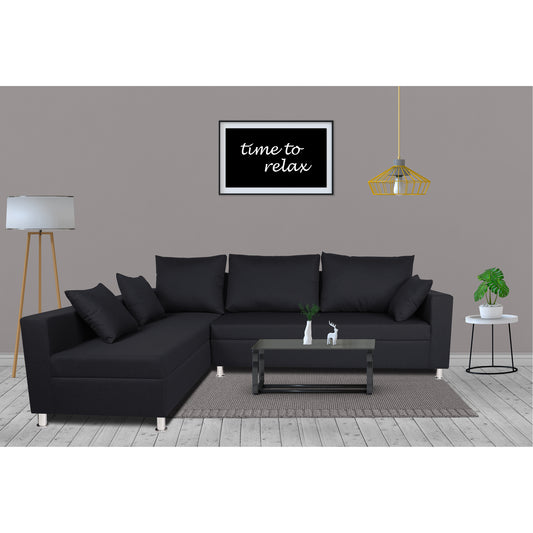 Adorn India Straight Line L Shape 5 Seater Sofa Set (Left Side Handle) (Black)
